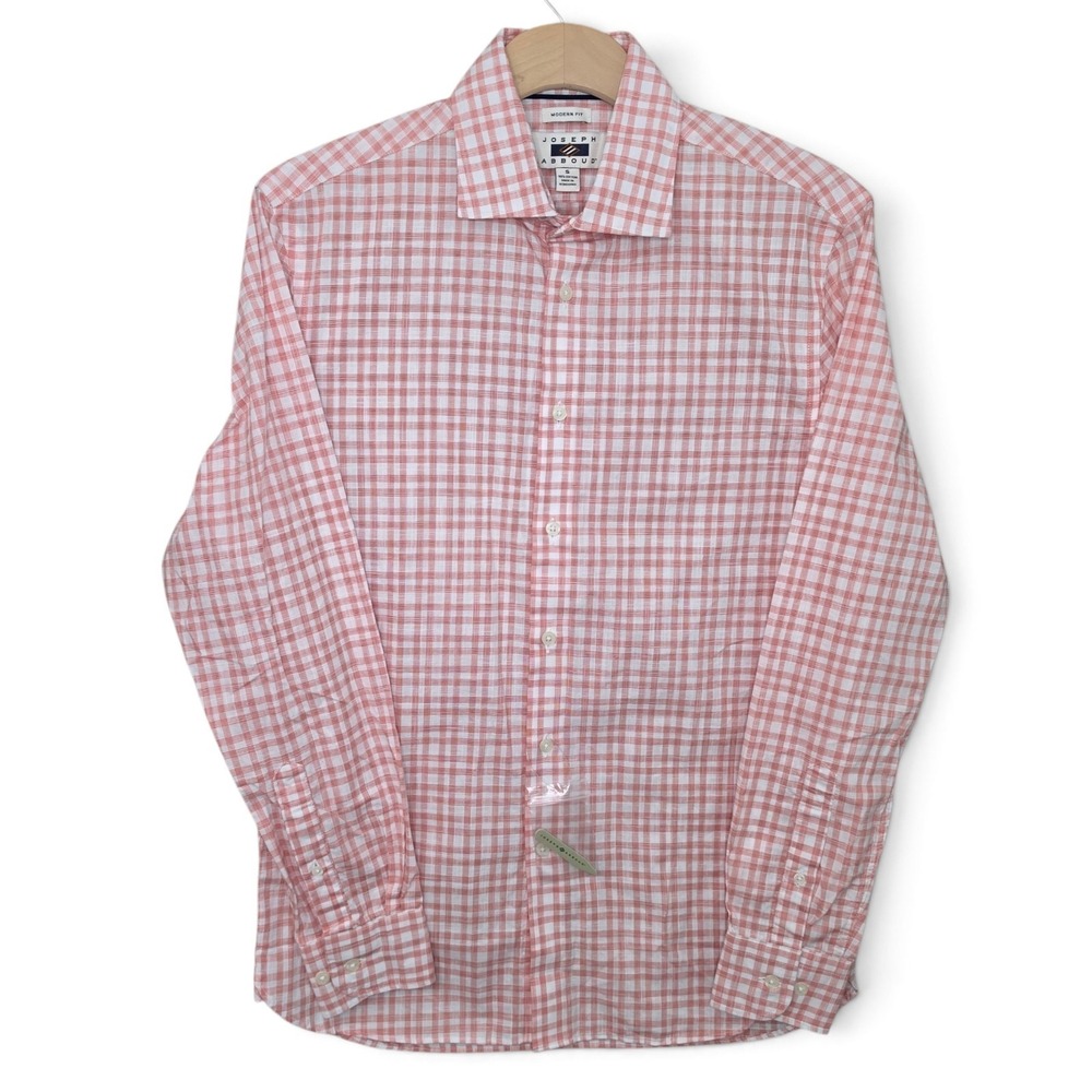 Joseph Abboud Shirt Mens Small Modern Fit Pink Gingham Plaid 100% Cotton LS